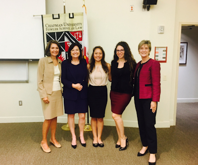 Deirdre Kelly with Hon. Jamoa Moberly (Ret.), a current law student, Antoinette Balta, and Hon. Martha Gooding at Chapman Law School's 2017 Annual Speed Mentoring Program
